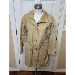 Michael Kors Tan Zip-Up Mid-Length Jacket Gold Chain Belt, Size Small